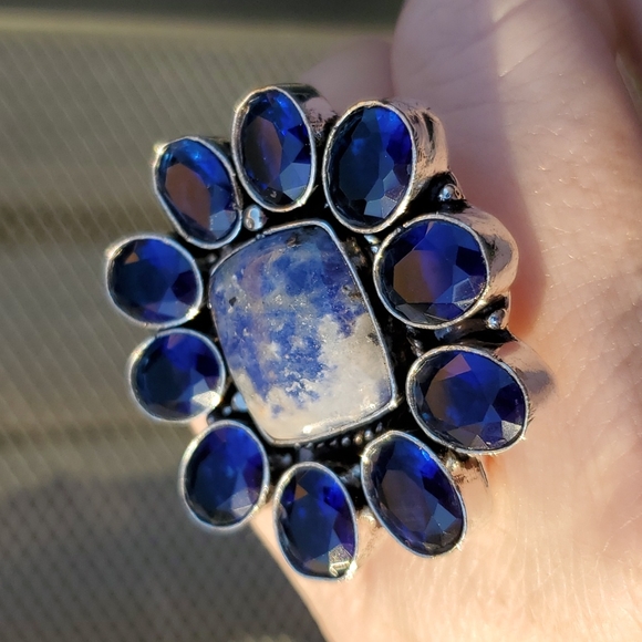 New Oversized Sodalite & Blue Topaz 925 Silver Statement Ring. - Picture 9 of 15